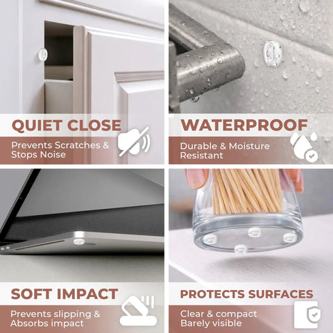 Clear Self Adhesive Cabinet Door Bumpers 128 Pack Heavy Duty Rubber Pads on surfaces demonstrating quiet close and waterproof features.