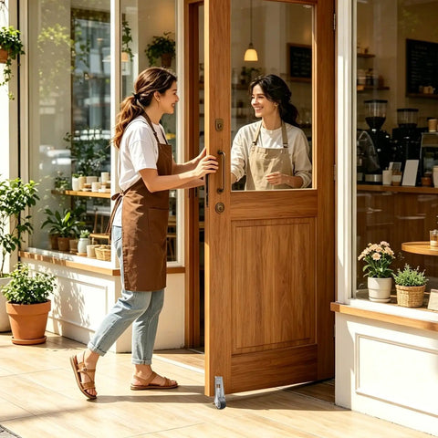 Built Tough And Hella Durable Two Pack Door Support Wheels For Vertical Gate Tracks With Anti Sag Brackets And Heavy Duty Steel Axles For Smooth Sliding Driveway Gates used on wooden door in coffee shop with two women.
