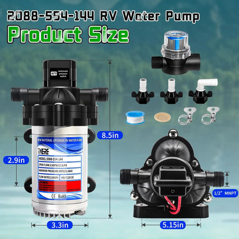 12V 45 PSI Diaphragm RV Water Pump Delivers 3.5 GPM Fresh Water For RVs Boats Yachts With One Half MNPT Connection components displayed