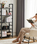 Five Tier Bookshelf Tall Display Stand For Bedroom Living Room And Home Office Industrial Style Black Storage Rack with woman reading