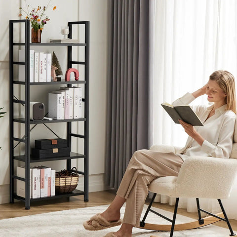 Five Tier Bookshelf Tall Display Stand For Bedroom Living Room And Home Office Industrial Style Black Storage Rack with woman reading