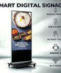 Top Shelf 65 Inch 4K UHD IPS Digital Signage Kiosk With Super Smooth Touchscreen Android Media Player And Wifi CMS Control, showing Korean breakfast food display.