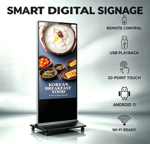 Top Shelf 65 Inch 4K UHD IPS Digital Signage Kiosk With Super Smooth Touchscreen Android Media Player And Wifi CMS Control, showing Korean breakfast food display.
