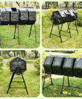 Four Chamber Rotating Compost Bin With Independent Drum Design Metal Frame And PE Shell 74 Gallon Capacity Sliding Doors Easy Tumbling For Quick Kitchen And Garden Waste No Mess In Your Yard shown in garden setting from multiple angles.