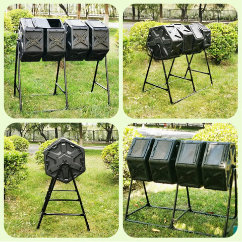 Four Chamber Rotating Compost Bin With Independent Drum Design Metal Frame And PE Shell 74 Gallon Capacity Sliding Doors Easy Tumbling For Quick Kitchen And Garden Waste No Mess In Your Yard shown in garden setting from multiple angles.