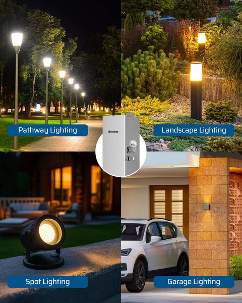 Dusk To Dawn Photocell Sensor Switch For Outdoor Low Voltage Lighting With Swivel Mount showcasing pathway, landscape, spot, and garage lighting