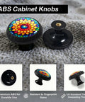 Boho Colorful Mandala Cabinet Knobs Set Of 4 For Kitchen And Bathroom with stained-glass look on textured surface