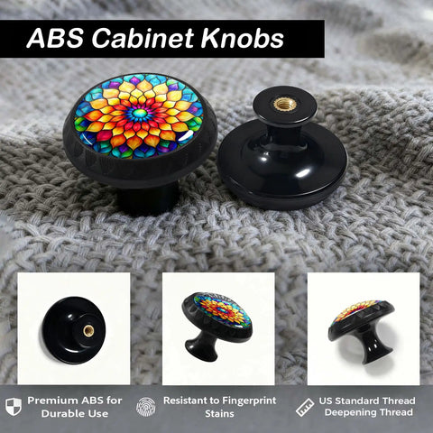 Boho Colorful Mandala Cabinet Knobs Set Of 4 For Kitchen And Bathroom with stained-glass look on textured surface