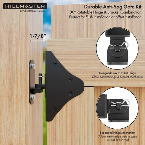 Beefy Heavy Duty Gate Frame Kit And Hardware For Wooden Fences And Driveways Including 90 Degree Right Angle Hinges Gate Latch Corner Braces And Shed Door Deck Gate Support Zinc Plated Powder Coated Weatherproof And Rust Proof For Outdoor Use showing black hinge installation with wooden fence.