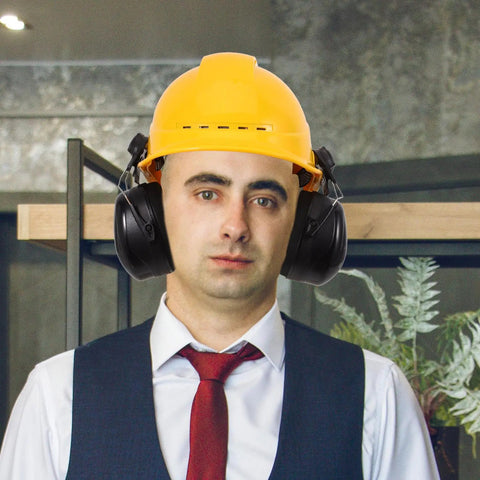 Heavy Duty Earmuffs Built Different Serving Killer Noise Reduction And Hard Hat Compatible Fit with yellow hard hat and formal attire.