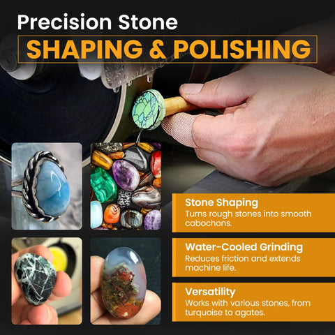 Cabbing Machine for Gemstone Polishing and Cabochon Making, 8-Inch Diamond Wheel Lapidary Tool With LED Lamp shown with stones.