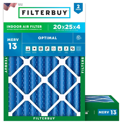 20x25x4 Air Filter MERV 13 For Smoke And Allergen Defense Electrostatic Pleated Replacement For Furnace AC Or Heat Pump 2 Pack Actual Size 19.50 X 24.50 X 3.63 with packaging showing design and product information