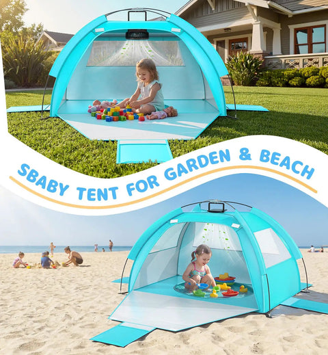 All In One Baby Beach Tent With Solar Powered Cooling Fan UPF 50 UV Protection Portable Sun Shade Canopy Shelter for infants in garden