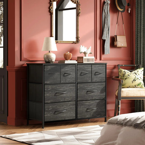 Eight Drawer Fabric Dresser for Bedroom and Beyond, Roomy Chest of Drawers Storage Organizer in Charcoal Black Wood Grain Print