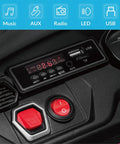 Lamborghini Urus Licensed 12V Ride On Car for Kids control panel with AUX, USB, music, radio, LED indicators in pink SUV toy.