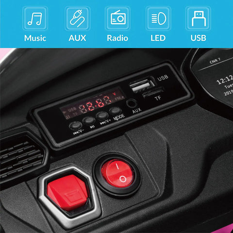 Lamborghini Urus Licensed 12V Ride On Car for Kids control panel with AUX, USB, music, radio, LED indicators in pink SUV toy.