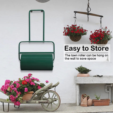 24 Inch Tow Behind Lawn Roller With 13 Gallon Water Or Sand Fill U Shaped Handle Easy Push Or Pull Setup for wall storage