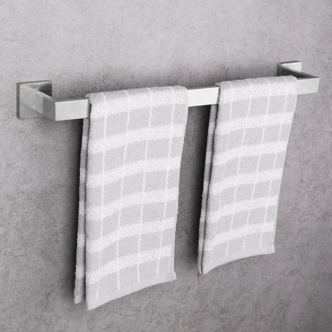 Brushed Nickel Square Bathroom Accessories Set With 24 Inch Towel Bar Wall Mounted on gray wall holding towels