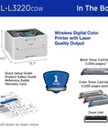 Box contents including Color Laser Printer With Wireless Printing 19 PPM Speed Duplex Printing Mobile Device Compatible 250 Sheet Tray