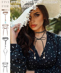 Six Pack Womens Choker Necklaces Black Brown Leather Velvet Lace Up Tie Gothic Western Adjustable Statement Collar Jewelry worn with polka dot dress.