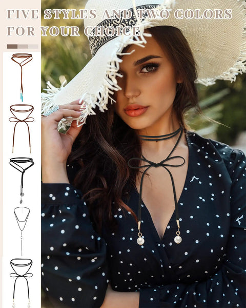 Six Pack Womens Choker Necklaces Black Brown Leather Velvet Lace Up Tie Gothic Western Adjustable Statement Collar Jewelry worn with polka dot dress.