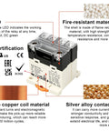 Heavy Duty General Purpose Relay RGF2BD740L 25A 200-240VAC Coil, 6 Pin DPST 2NO, LED, certifications, materials, and features diagram.