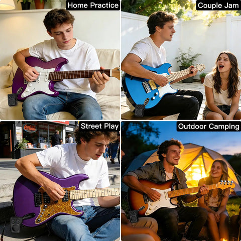 Pocket Sized 5W Mini Guitar Amp With Bluetooth And USB Playback used in various settings: home practice, couple jam, street play, camping