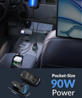 4 In 1 USB C Car Charger With 90W Fast PD QC Power, connected in car console, charging multiple devices including smartphone.