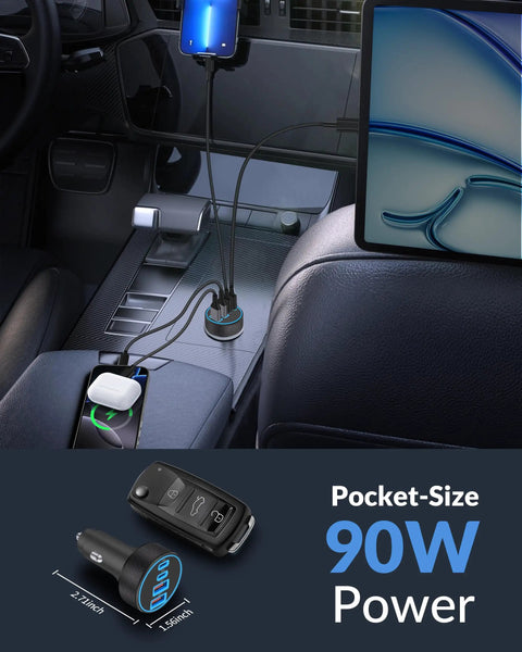 4 In 1 USB C Car Charger With 90W Fast PD QC Power, connected in car console, charging multiple devices including smartphone.