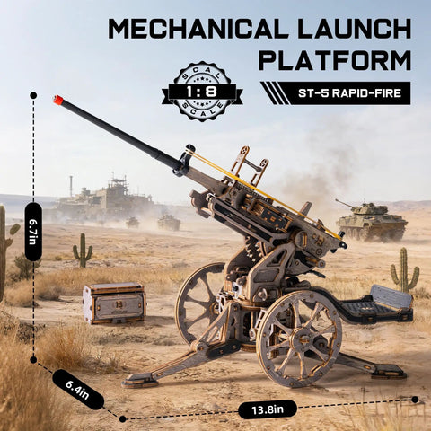 Anti-Aircraft Gun 3D Wood Puzzle For Adults And Teens, mechanical rubber band shooting model on desert battlefield