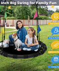 Saucer Swing 48 Inch For Backyard Fun With 360 Degree Swivel Heavy Duty Outdoor Swing Set With 900 Lb Weight Capacity Safe Galvanized Frame Nylon Webbing And Bolts Easy Assembly Great Gift For Kids And Family, family sitting on swing in backyard