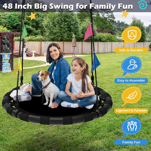 Saucer Swing 48 Inch For Backyard Fun With 360 Degree Swivel Heavy Duty Outdoor Swing Set With 900 Lb Weight Capacity Safe Galvanized Frame Nylon Webbing And Bolts Easy Assembly Great Gift For Kids And Family, family sitting on swing in backyard