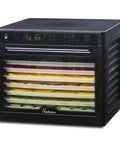 No Sweat Electric Food Dehydrator With Digital Temperature Control And Smart Timer showing stacked trays of drying fruits.