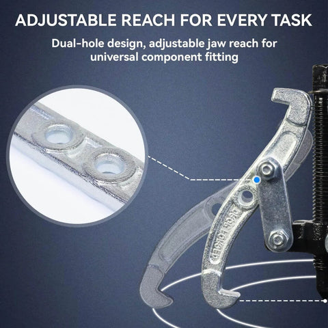 Close-up of Three Piece Reversible Jaw Gear Extractor Set adjustable reach feature with dual-hole design for universal fitting.