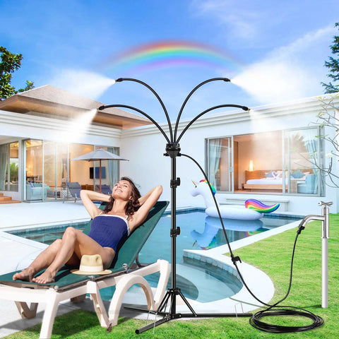 Woman relaxing by pool with Outdoor Standing Misting System With Adjustable Height 5.3 Ft, Foldable Tripod Base For Patio Cooling.
