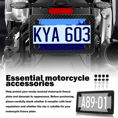 Dope Carbon Fiber Style Stainless Steel Motorcycle License Plate Frame Kit With Trim Pattern Includes Screws on bike