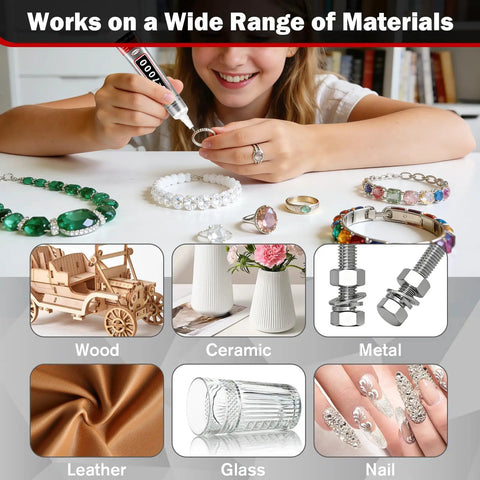 Person using Multipurpose Craft Glue For Jewelry Making And DIY Projects, 15ml 0.5oz, on various craft materials like metal and leather.