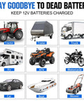 Tractor, trailer, truck, RV, ATV, motorcycle, car, boat, mower with text 'Say Goodbye to Dead Battery, Keep 12V Batteries Charged'