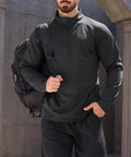 Man wearing Mens Quarter Zip Fleece Pullover Long Sleeve Thermal Sweatshirt Black With Soft Fleece Liner 92 Percent Polyester 8 Percent Spandex Blend Moisture Wicking Athletic Top For Cold Weather Golf And Everyday Wear