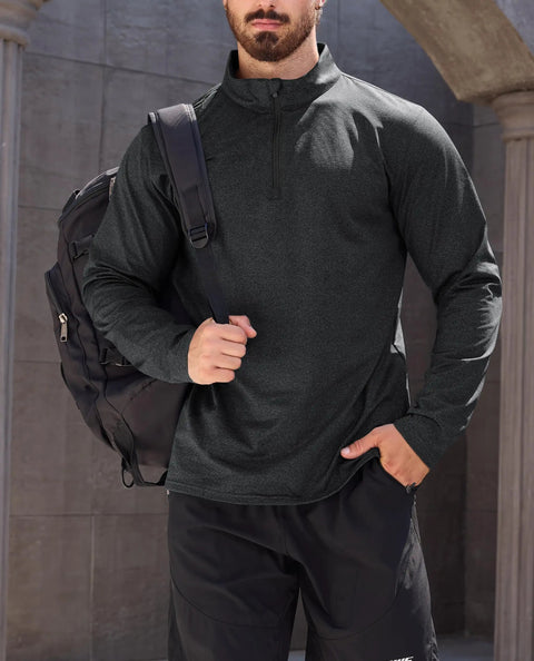 Man wearing Mens Quarter Zip Fleece Pullover Long Sleeve Thermal Sweatshirt Black With Soft Fleece Liner 92 Percent Polyester 8 Percent Spandex Blend Moisture Wicking Athletic Top For Cold Weather Golf And Everyday Wear