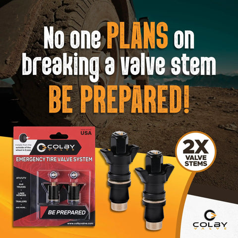 Emergency Tubeless Tire Valve Stem Replacement Kit Installs From Outside The Wheel In Under 1 Minute No Tools Required Fits Most Standard 0.453 Inch Wheel Openings 360 Brass Components Made In USA packaging with two valve stems shown and a tire in the background.