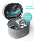 Keep It Chill On The Fly Breastmilk Bottle Cooler Travel Bag With Included Freezing Insert compact grey insulated carrier open view.