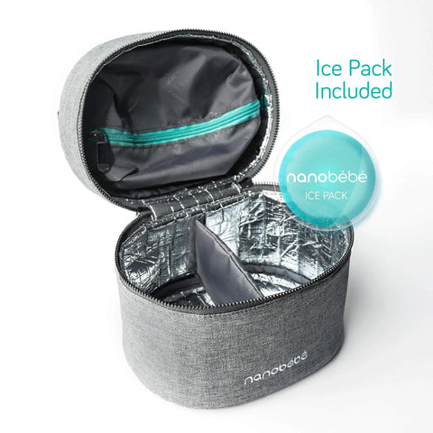 Keep It Chill On The Fly Breastmilk Bottle Cooler Travel Bag With Included Freezing Insert compact grey insulated carrier open view.