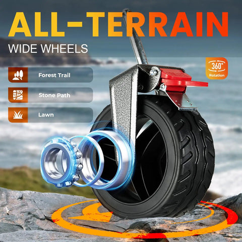 Close-up of all-terrain wheel for Tailgate Design Heavy Duty Collapsible Wagon With All Terrain Wheels For Outdoor Camping Beach And Garden A 300 Lb Capacity Utility Cart For Sports Groceries Tents And Bulk Gear.