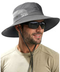 Man wearing Men's Bucket Sun Hat With UPF Protection, Wide Brim For Real Sun Shield, Breathable Outdoor Fishing Hat in dark grey
