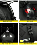 Waterproof Bike Saddle Bag With Expandable 10L And 13L Capacity showing wear material, tail lights, reflective strips, and logo details.
