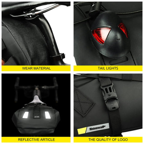 Waterproof Bike Saddle Bag With Expandable 10L And 13L Capacity showing wear material, tail lights, reflective strips, and logo details.