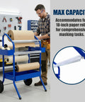 Mobile 18 Inch Multi Roll Masking Paper Machine with storage trays and flexible top in workshop setting, man using machine.