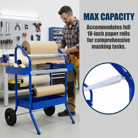 Mobile 18 Inch Multi Roll Masking Paper Machine with storage trays and flexible top in workshop setting, man using machine.