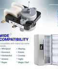 Upgraded Refrigerator Evaporator Fan Motor Replacement W10189703 with list of compatible brands and open refrigerator model